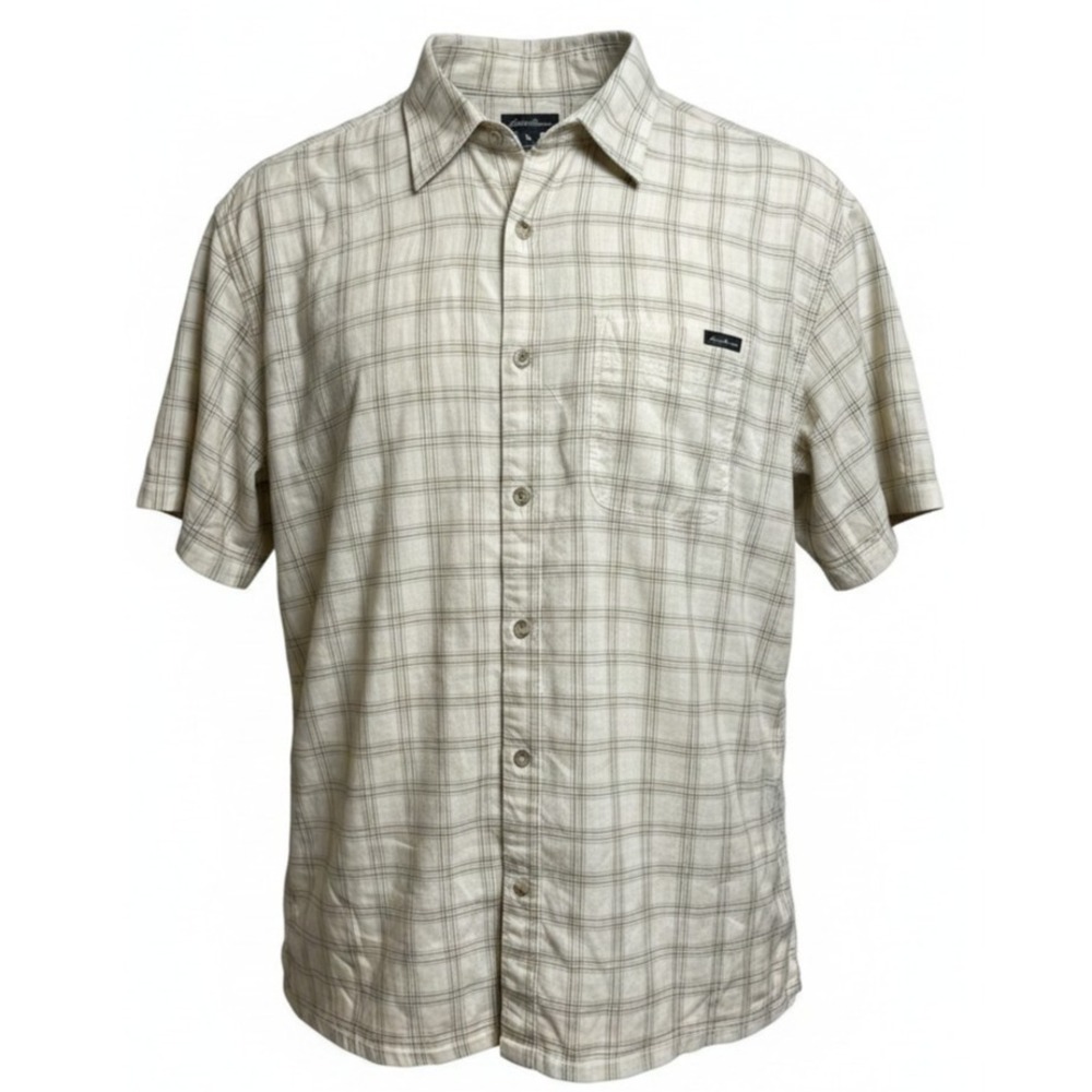 Eddie Bauer Relaxed Fit SS Plaid Shirt Mens XL Cream Gold Cotton Button Down
